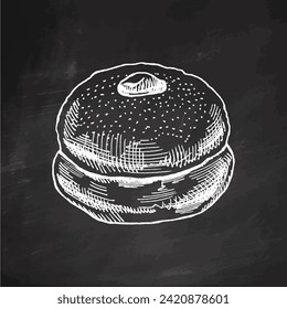 Hand drawn sketch of traditional german polish donut with jam, dusted. Vintage illustration on chalkboard background. Pastry sweets, dessert. Element for the design of labels, packaging and postcards.