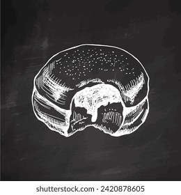 Hand drawn sketch of traditional german polish donut with jam, dusted. Vintage illustration on chalkboard background. Pastry sweets, dessert. Element for the design of labels, packaging and postcards.