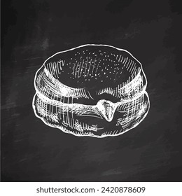 Hand drawn sketch of traditional german polish donut with jam, dusted. Vintage illustration on chalkboard background. Pastry sweets, dessert. Element for the design of labels, packaging and postcards.