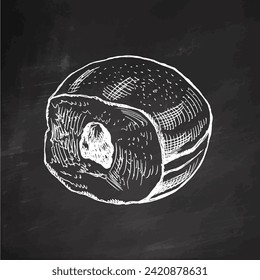 Hand drawn sketch of traditional german polish donut with jam, dusted. Vintage illustration on chalkboard background. Pastry sweets, dessert. Element for the design of labels, packaging and postcards.