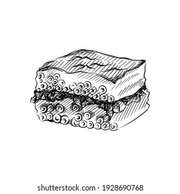 Hand drawn sketch of Traditional Greek Baklava on a white background. Greek cuisine. Food. Meals. 