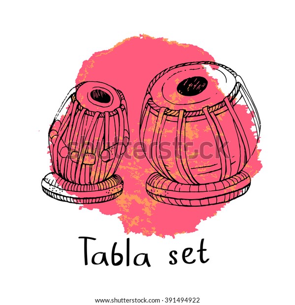 Hand drawn\
sketch of a traditional Indian percussion instrument tabla on a big\
stain in pink and orange colors. EPS\
10.
