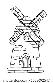 Hand drawn sketch of a traditional windmill with detailed stonework and crossing blades vector illustration