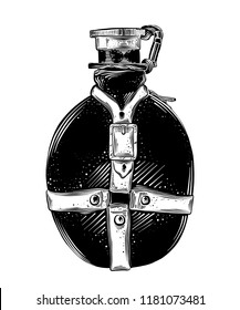 Hand drawn sketch of travel flask in black isolated on white background. Detailed vintage style drawing. Vector illustration