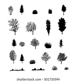 Hand drawn sketch of trees, bushes, grass. Black silhouettes isolated on a white. Vector illustration