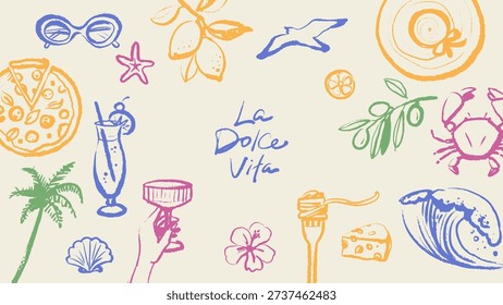Hand drawn sketch tropical frame. Dolce vita summer vibe. Vintage Italy Mediterranean coastal vacation poster. Vector isolated illustration