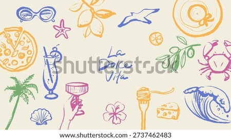 Hand drawn sketch tropical frame. Dolce vita summer vibe. Vintage Italy Mediterranean coastal vacation poster. Vector isolated illustration