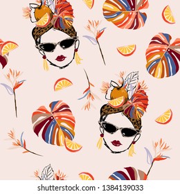 Hand Drawn And Sketch Tropical Havana Women Summer Vibes With Fresh Fruit Seamless Pattern In Vector Design For Fashion,fabric,web,wallpaper And All Prints On Light Pink Background Color