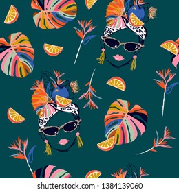 Hand drawn and sketch tropical havana women summer vibes with fresh fruit seamless pattern in vector design for fashion,fabric,web,wallpaper and all prints on dark green background color