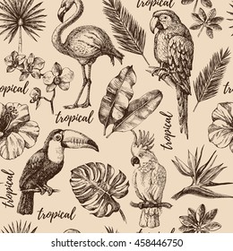 Hand drawn sketch tropical paradise plants and birds vintage seamless pattern. Vector illustration background