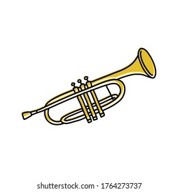 Hand drawn sketch of trumpet in doodle style on white background. Flat vector illustration golden trumpet.  