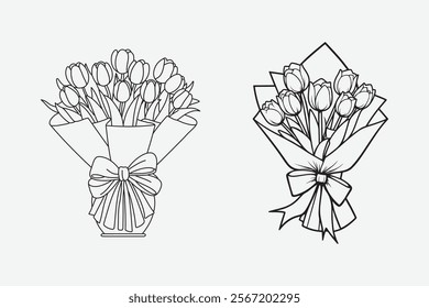 Hand Drawn Sketch of Tulip Flower Bouquet Black and White Line Art Botanical Illustration