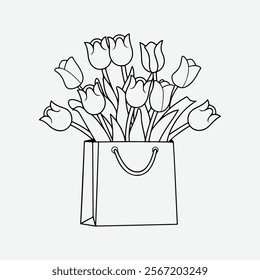 Hand Drawn Sketch of Tulip Flower Shopping Bag Black and White Line Art Botanical Illustration