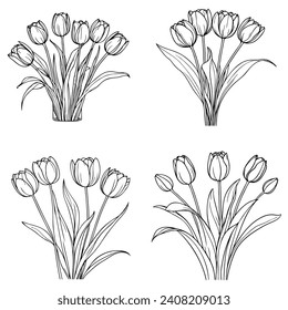 Dibujando a mano y dibujando tulipanes florales. Negro y blanco con ilustración vectorial de arte de línea. Flor botánica floral.