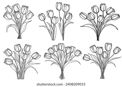 Hand drawn and sketch tulips flower bouquet. Black and white with line art vector illustration. Floral botanical flower.