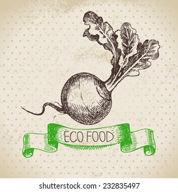 Hand drawn sketch turnip vegetable. Eco food background.Vector illustration