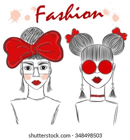 Hand drawn sketch of two cute fashion girls in glasses and bows. Vector illustration.