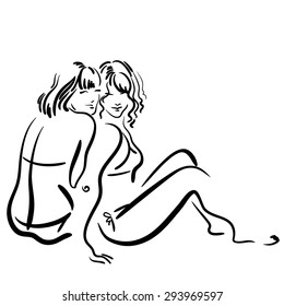 Hand drawn sketch with two girls in swimsuits on the beach.