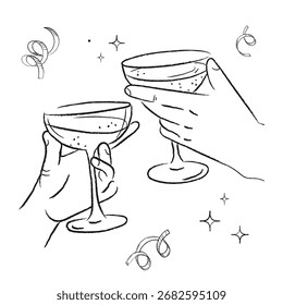 Dibujado a mano boceto de dos manos tintineando copas de champán con cintas festivas y estrellas en estilo de arte de línea vintage para tarjetas de vacaciones posters de invitaciones de fiesta Diseños de celebración de año Nuevo. Vector