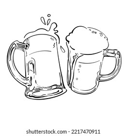 Esbozo dibujado a mano de dos tazas de cerveza tostadas. Saludos. Los tanques de cristal que unen la cerveza y la espuma salpicada. Ilustración vectorial en blanco y negro aislada sobre fondo blanco.