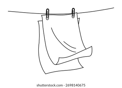 Hand drawn sketch of two white papers drying on a clothesline with clothespins