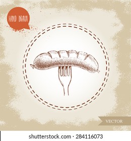 Hand drawn sketch type grilled sausage on fork. Organic food vintage illustration.