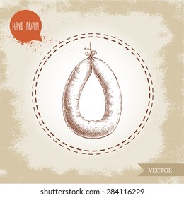 Hand drawn sketch type sausage. Smoked homemade meat product. Organic food vintage illustration.