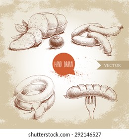 Hand drawn sketch type set of sausages. Organic food vintage illustration.