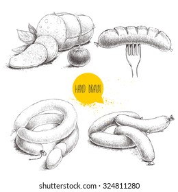 Hand drawn sketch type set of sausages. Organic food vintage illustration isolated on white background