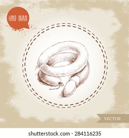 Hand drawn sketch type sliced sausages. Smoked homemade meat product. Organic food vintage illustration.