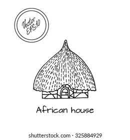 Hand drawn sketch of typical African country house with big roof. Black and white sketch. Front view. Typical southern house. Vector illustration. Hut with palm roof and authentic entrance. Cottage