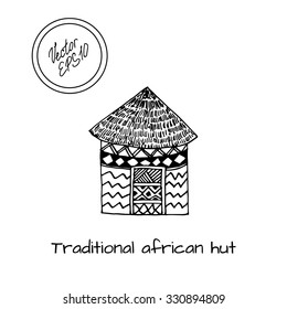 Hand drawn sketch of typical African country house with big roof. Black and white sketch. Front view. Authentic southern house. Vector illustration. Hut with palm roof and geometric pattern.