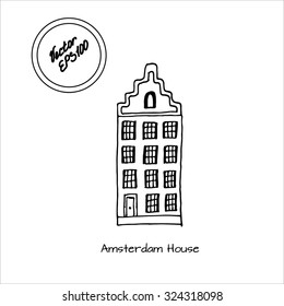 Hand drawn sketch of typical Amsterdam house with big windows and wavy roof. Black and white sketch. Front view. Typical Dutch house. Vector illustration. 
