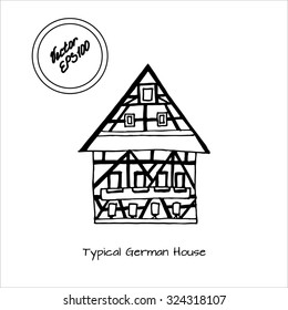 Hand drawn sketch of typical German house with balcony, small windows and big stripped roof. Black and white sketch. Front view. Typical German house. Vector illustration. 