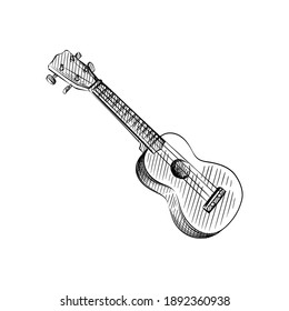 Hand drawn sketch of Ukulele Hawaiian guitar on a white background. Hawaii set. Summer holidays at hawaii. Paradise, island, vacation