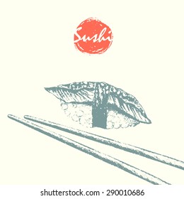Hand drawn sketch of unagi nigiri sushi and masked chopsticks. Asian food vector illustration. Japanese food menu background.