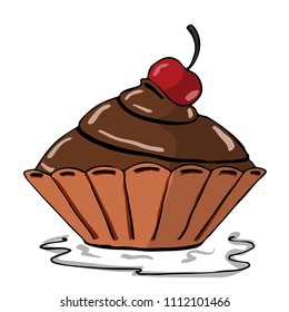Hand drawn sketch vanilla cupcake with cherry on top. Vector illustration.
