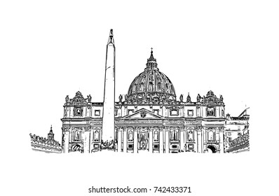 Hand drawn sketch of Vatican City, Rome, St. Peter's Basilica in vector illustration.