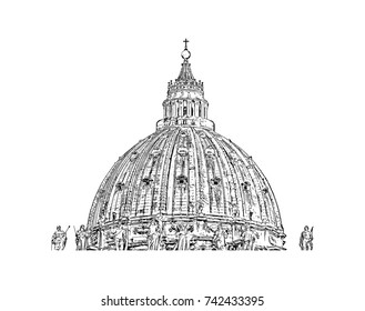 Hand drawn sketch of Vatican City, Rome, St. Peter's Basilica in vector illustration.