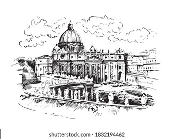 Hand drawn sketch of Vatican. St. Peter’s Basilica.