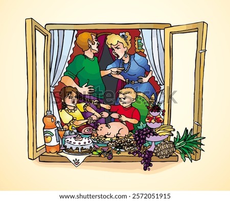 Hand drawn sketch vector art yell resent blame crisis vs speak life dinner lunch meal scene. Line teen bad jealous rage male boy guy son hit beat girl rich wealth dad sad female mom eat room jealousy