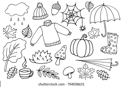 Hand drawn Sketch vector doodle cartoon set of objects and symbols on the autumn.