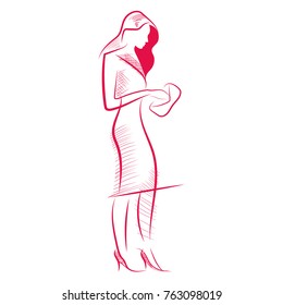 Hand drawn sketch vector of a dressed up woman in skirt suit and high heel shoes holding envelope purse. Red line art on white background.