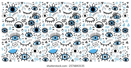 Hand drawn sketch vector evil eye pattern banner open and closed eyes and geometric shapes in hand drawn doodle ethnic style