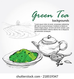 Hand drawn sketch vector green tea background.