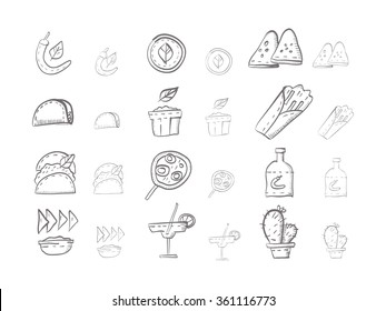 Hand drawn sketch vector icons for mexican menu. Traditional mexican cuisine with hot food, pepper, taco, tortilla, hot spices and sauces, tequilla. Doodle design elements.