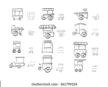 Hand drawn sketch vector icons for street trade. Street fast food cart, trolleys, cart stall. Stores for trade coffee, ice cream, hot dog, summer drink and others. Doodle design elements. 