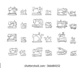 Hand drawn sketch vector icons for sewing machines. Different type sewing equipment, overlock, electric, mechanical, retro and hand sewing machines. Textile production theme. Doodle design elements.