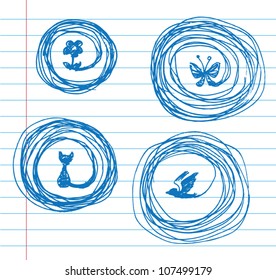 Hand drawn sketch. Vector Illustration. Design elements on lined notebook paper.