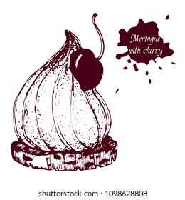 Hand drawn sketch vector illustration of meringue cookie with cherry, isolated on white background. Great for dessert menu, restaurant menu.